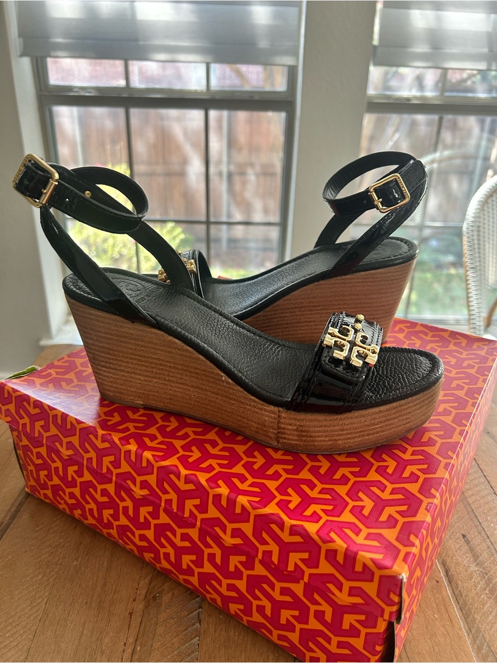 Tory Burch Black Patent Leather Wedge Sandals with Gold Logo